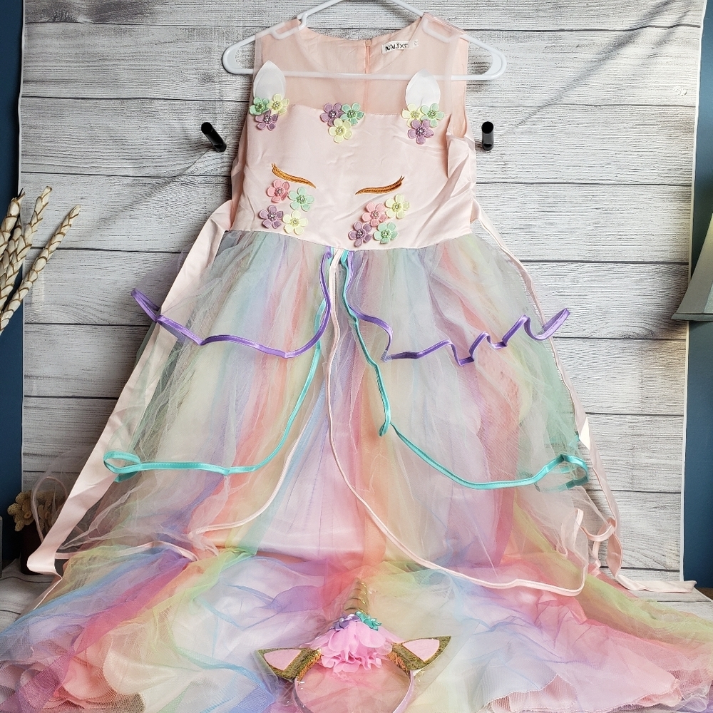 NWT‎ NNJXD Girls Unicorn Dress with matching headband